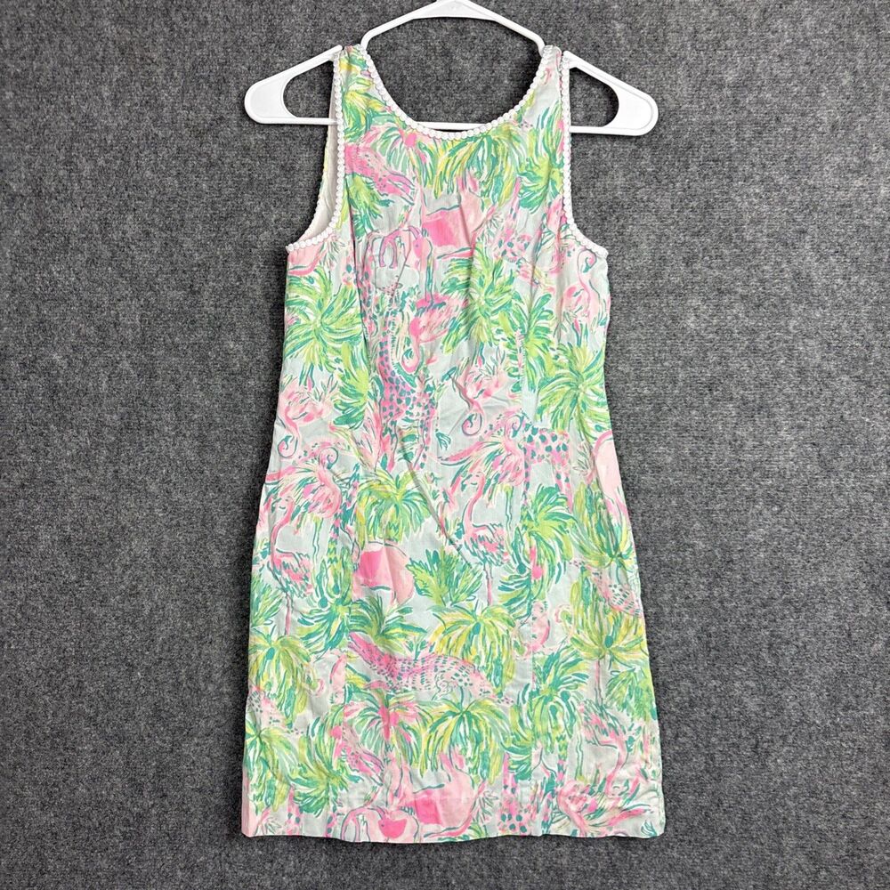 Lilly Pulitzer  Mila Dress Womens Sz 0 Green Pink flamingo Beach Tropical